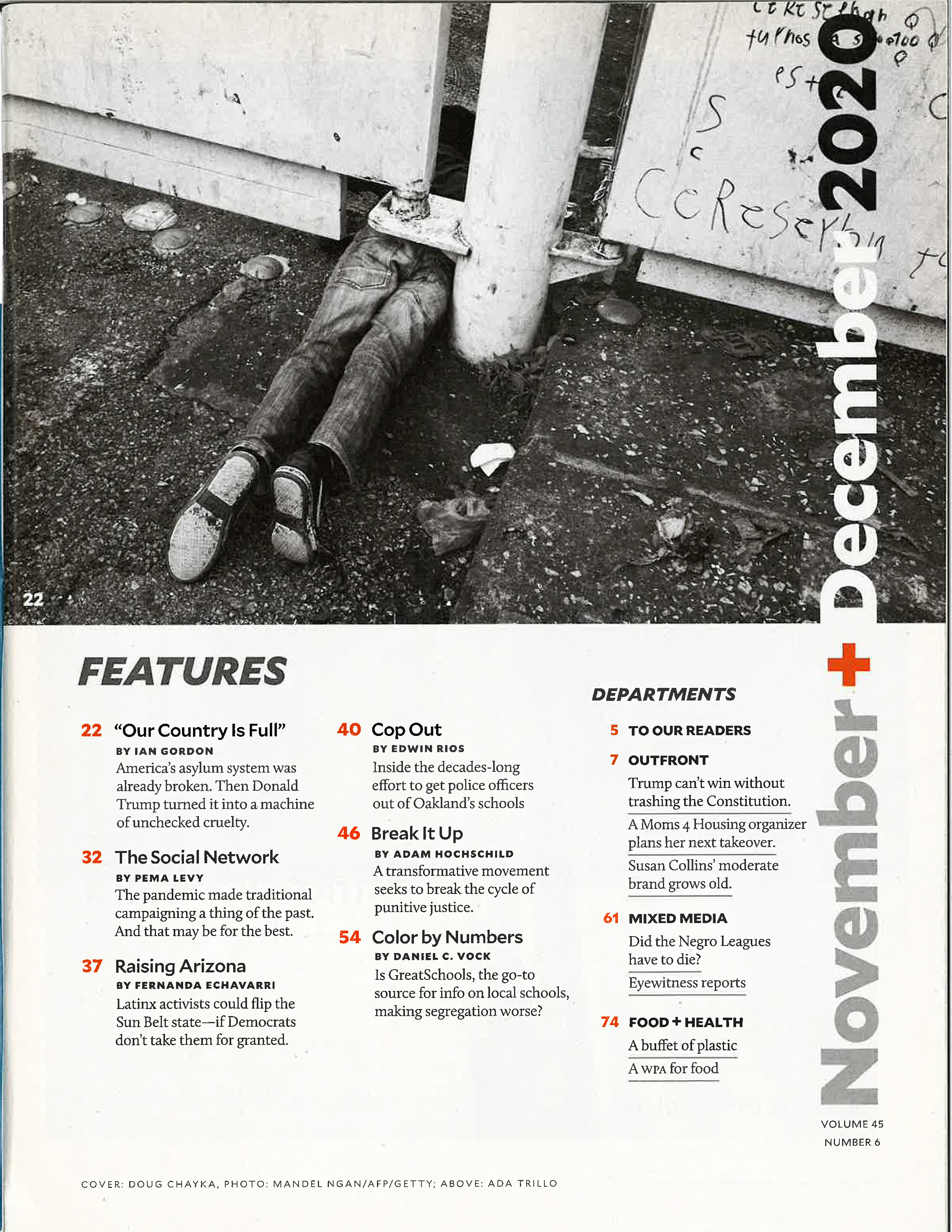 The Table of Contents from an issue of Mother Jones, with a photo of a young boy scurrying under a large steel gate.