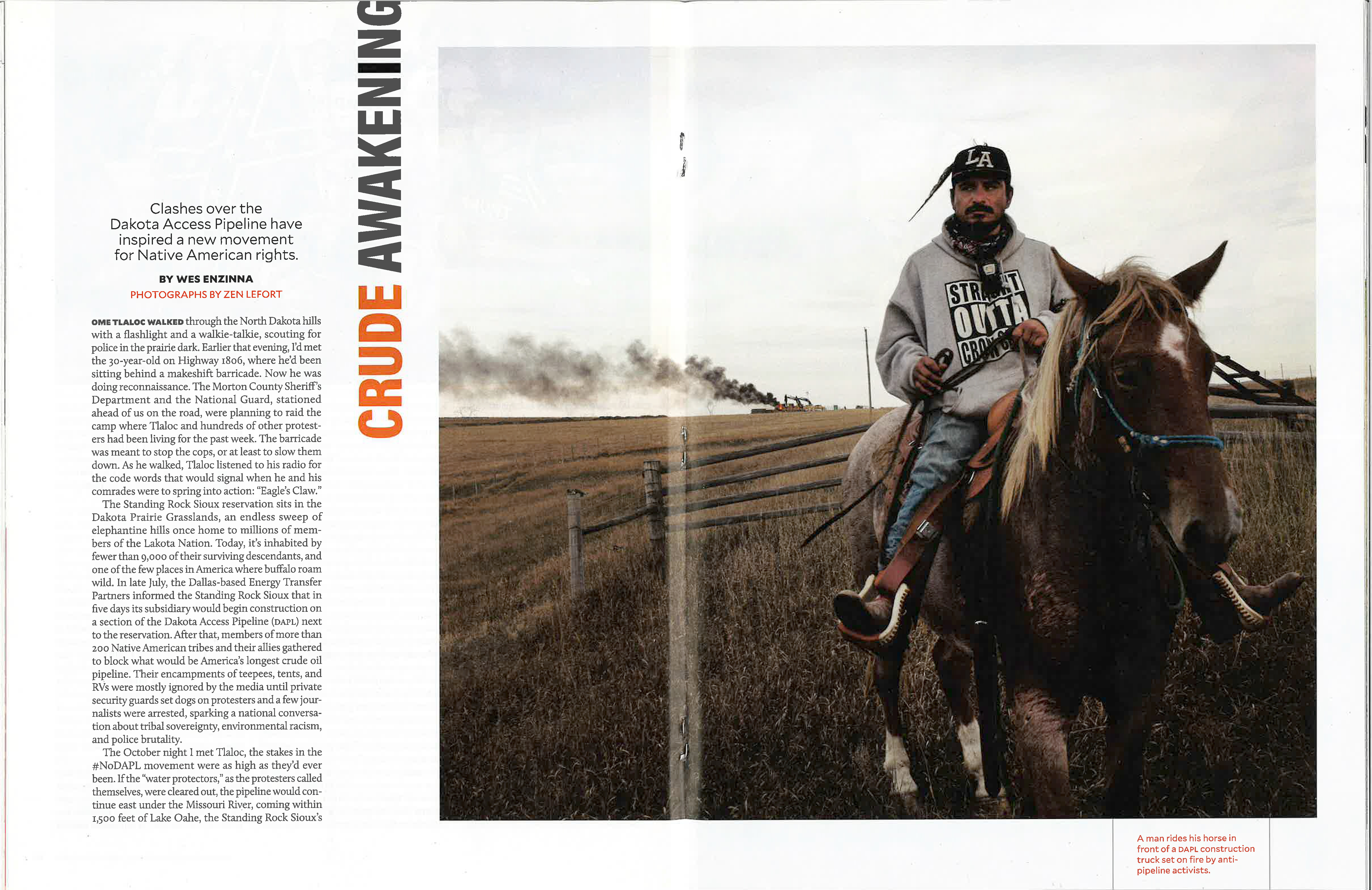 A Mother Jones magazine spread with the headline "Crude Awakening" and a photo of a young man on a horse in an open field, with dark smoke in the background.