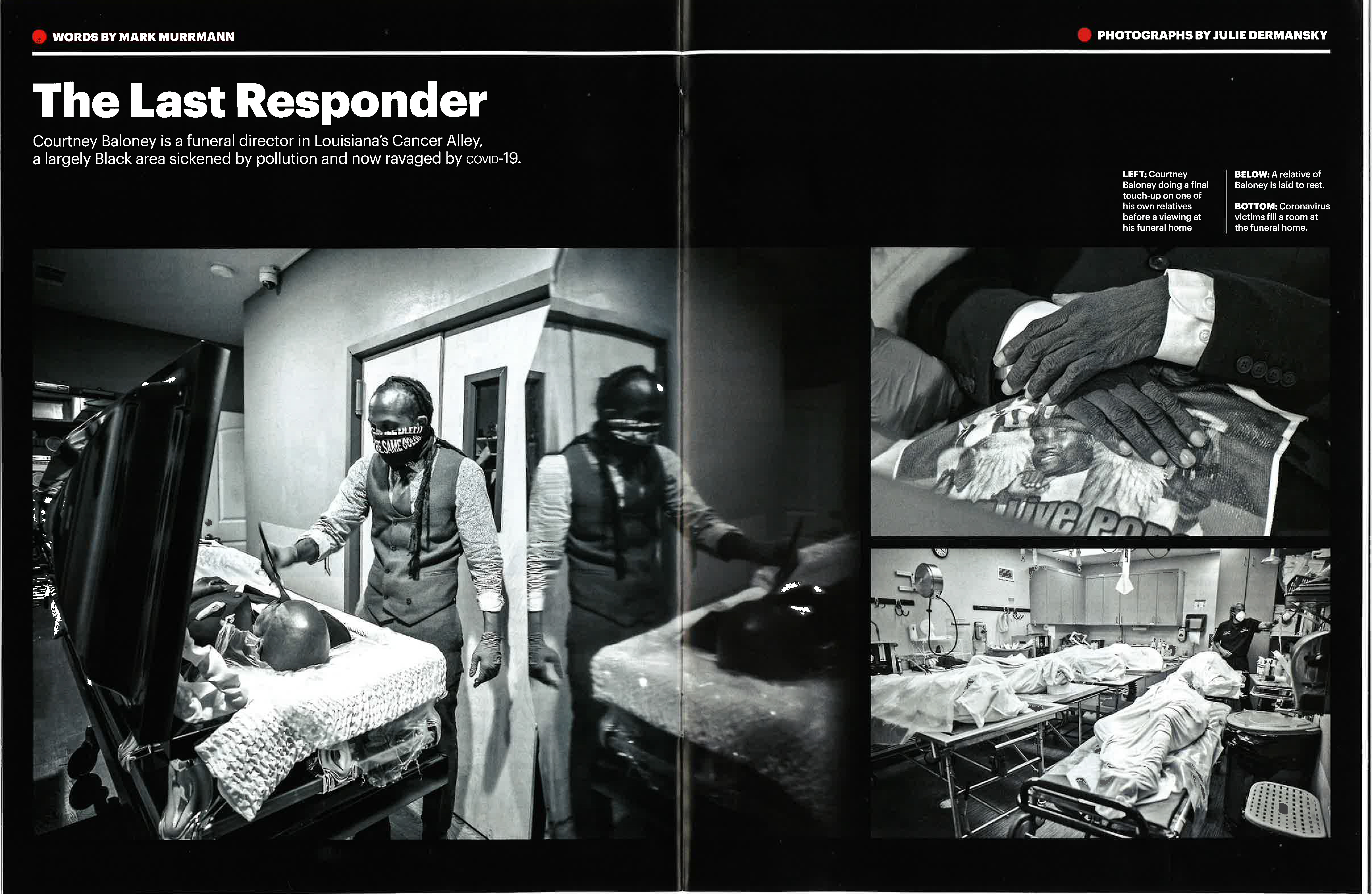 A Mother Jones magazine spread with the headline "The Last Responder" and three black-and-white photos from a funeral home.