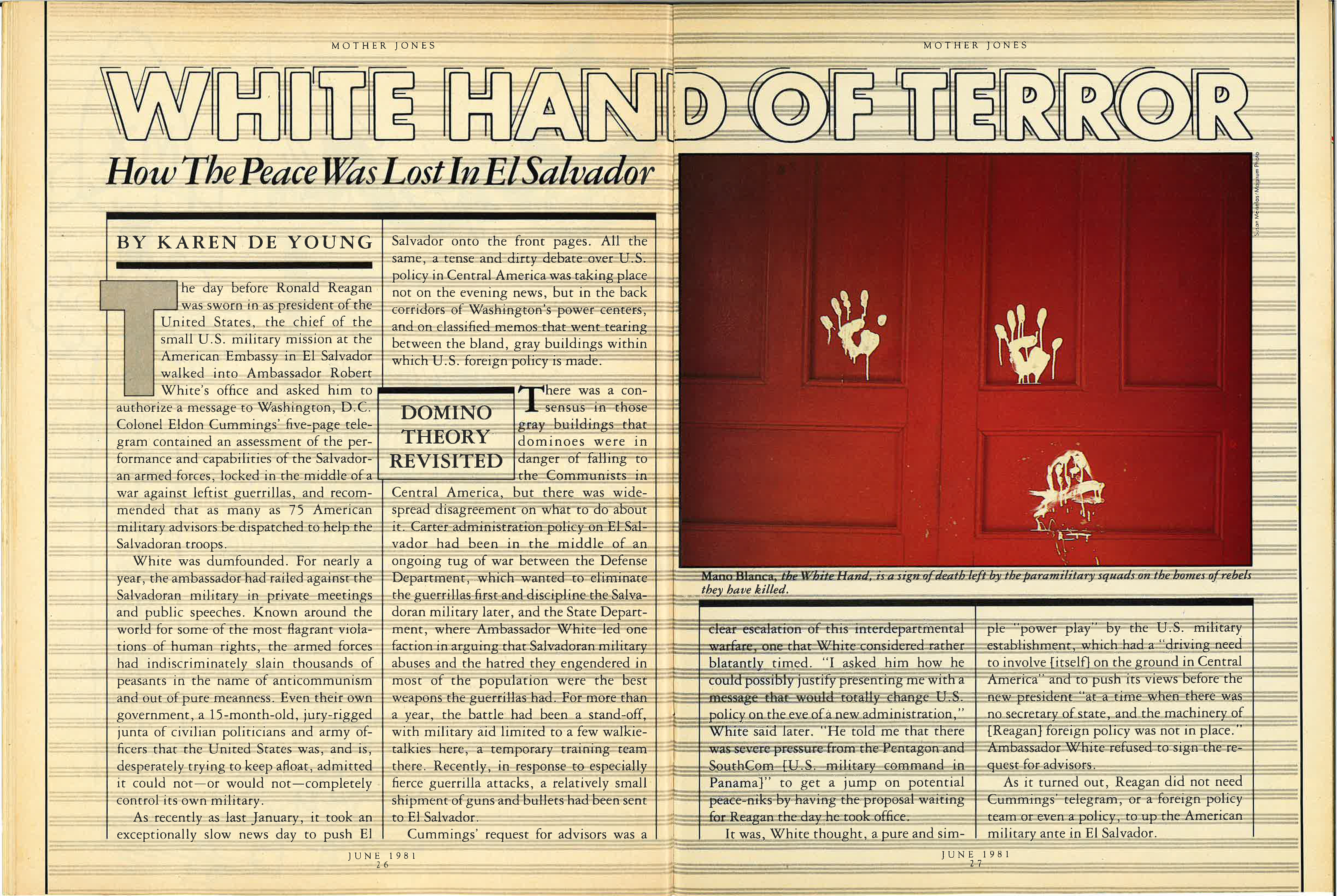 A Mother Jones magazine spread with the headline "White Hand of Terror: How the Peace Was Lost in El Salvador."