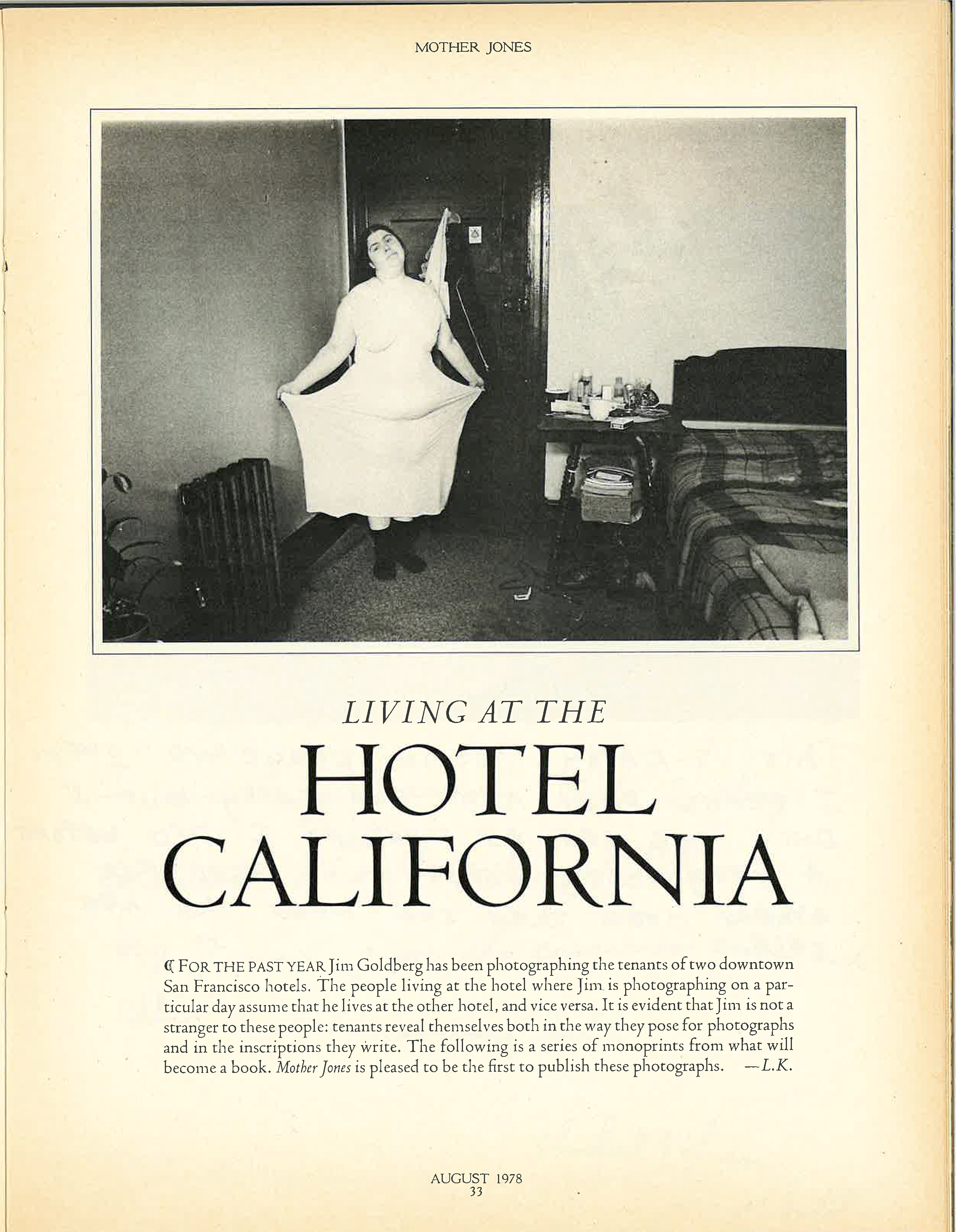 A Mother Jones magazine page featuring the photo of Anne Williams with the headline "Living at the Hotel California."