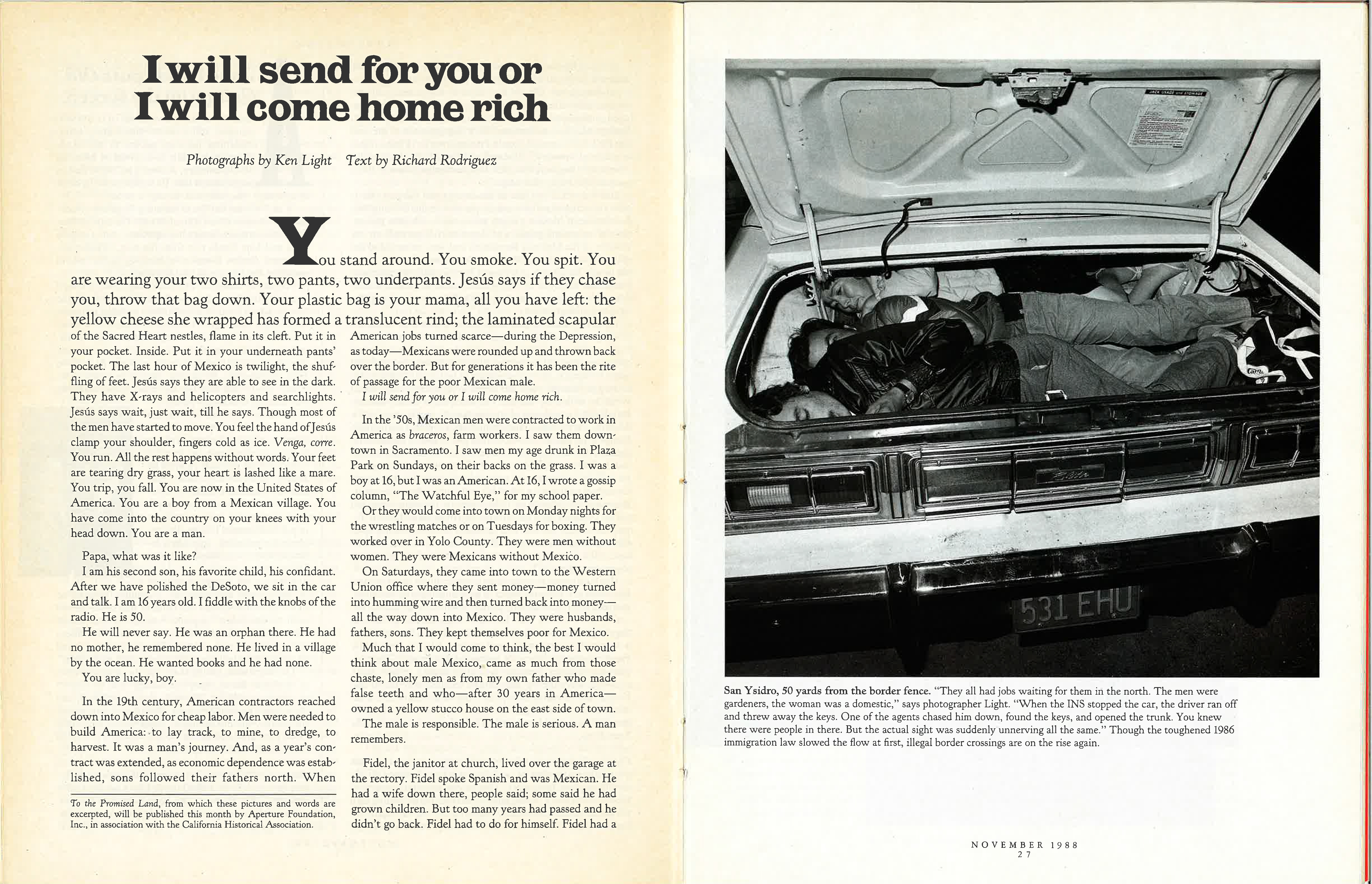 A Mother Jones magazine spread featuring a black-and-white photo of three people lying in the trunk of a car and the headline "I will send for you or I will come home rich."