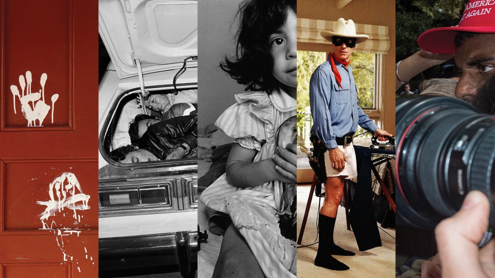 A sliver of five photos. From the left: white handprints on a red door, a black-and-white photo of three people in the trunk of a car, a black-and-white photo of a little girl in a dress, a man dressed like the Lone Ranger seen in his boxers as he irons his pants, and a close-up of a man wearing a red Make America Great Again baseball hat as a camera lens obscures his face.