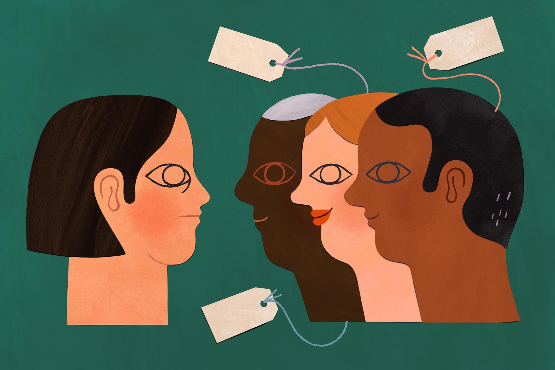 a collage-style illustration showing one woman looking at three people smiling and making intense eye contact with her. Each of the three people have price tags attached to them.