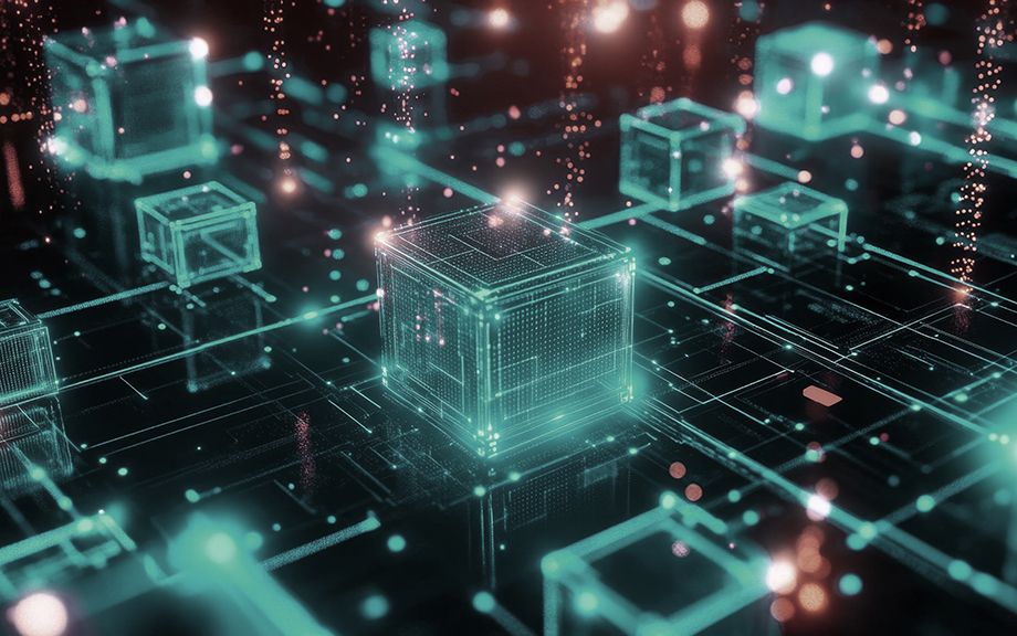 Abstract visuals of blockchain technology in business, featuring