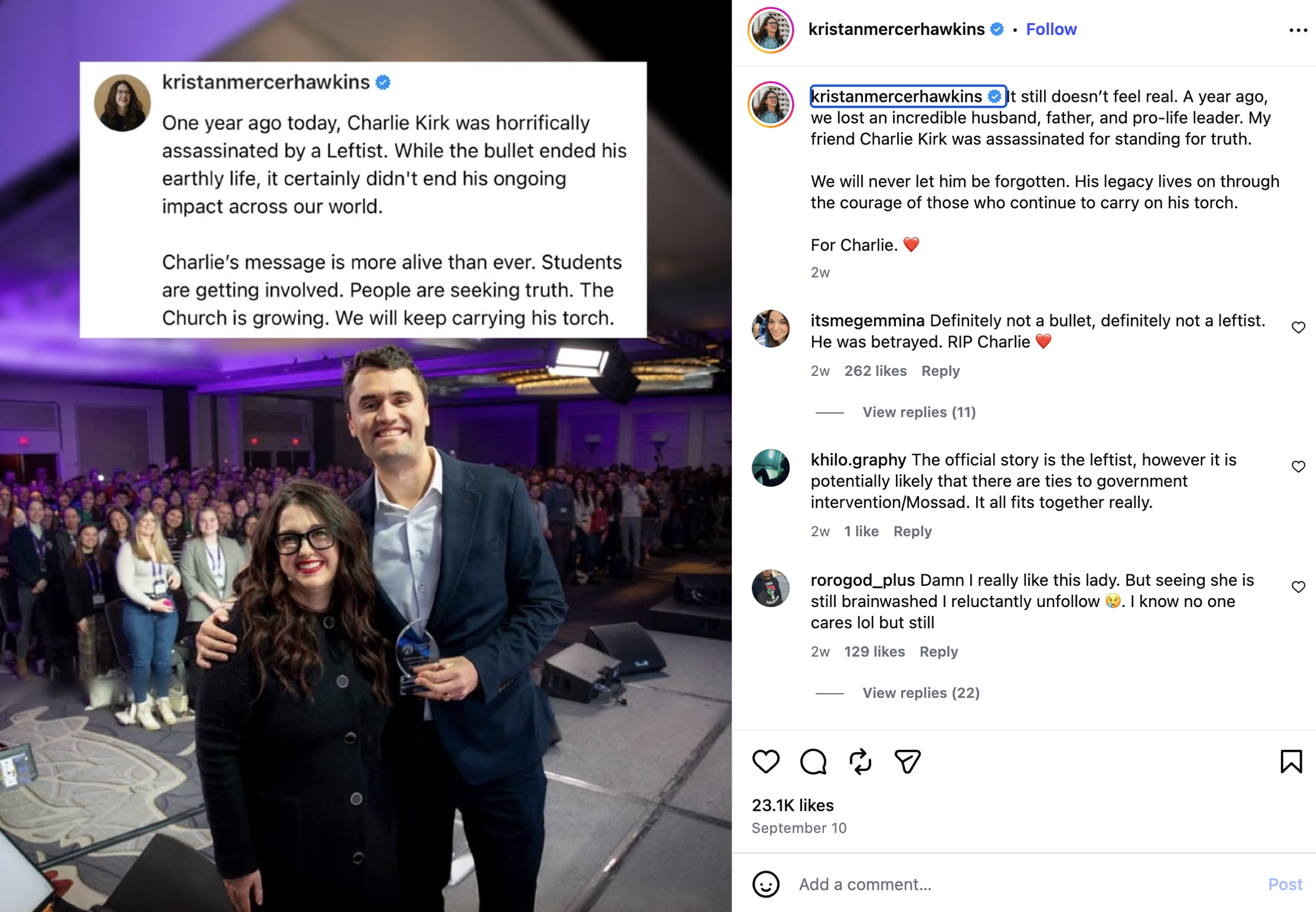 Screenshot of Kristan Hawkins' Instagram post in memorial of Charlie Kirk
