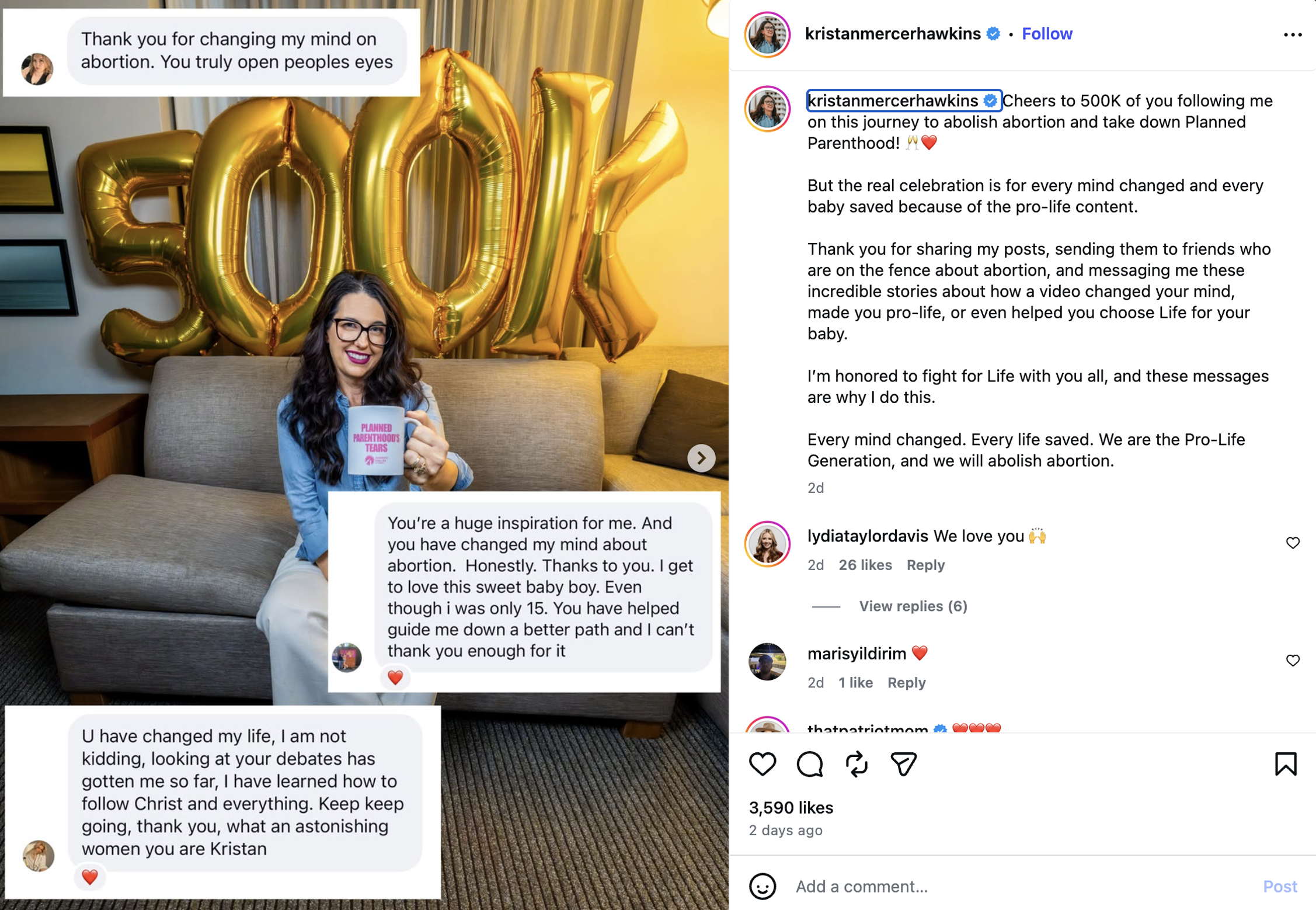 Screenshot of Kristan Hawkins' Instagram post celebrating 500K followers