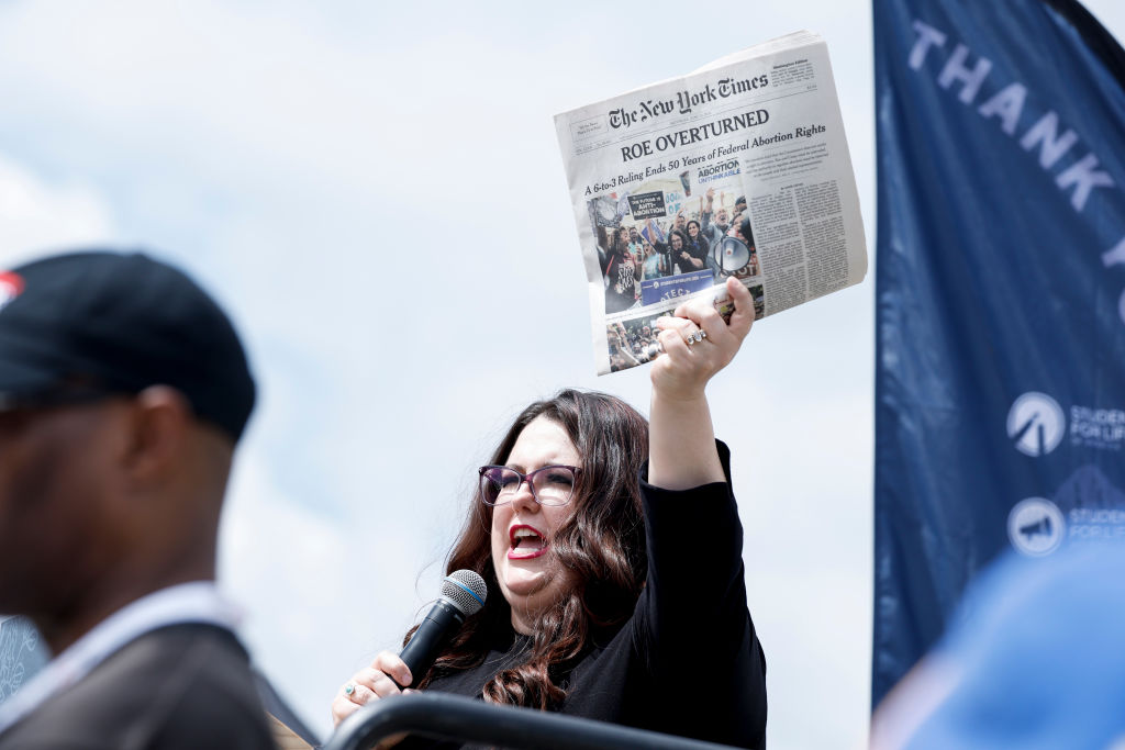Hawkins speaks at a Celebrate Life Day rally at the Lincoln Memorial in 2023 to mark the one-year anniversary of Dobbs decision that erased the federal right to abortion.