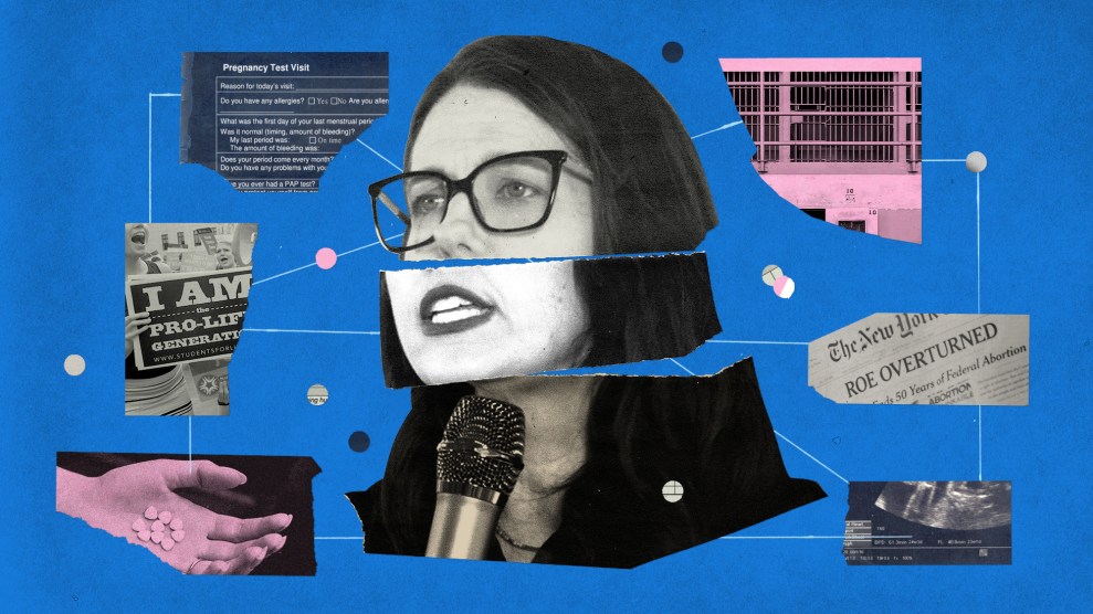 Photo collage of Kristan Hawkins, mid-speech; she is surrounded by newspaper and photo clippings of abortion medication, a sonogram, pregnancy test results, a jail cell, a pro-life protest, and a headline about Roe vs. Wade. The clippings are all connected by white string to Hawkins.