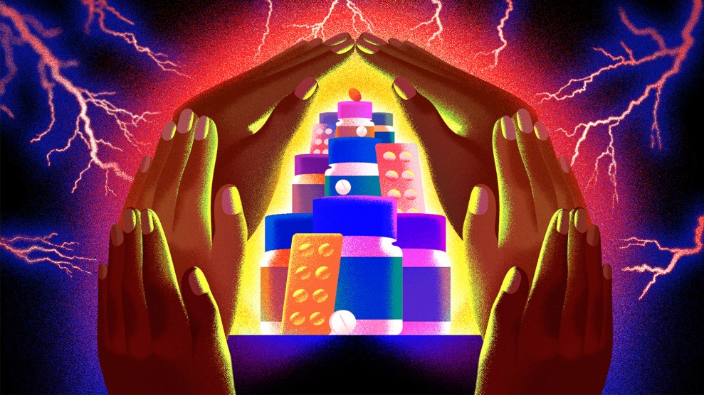 Conceptual illustration portraying a pile of medication surrounded by a group of hands that protect the pill bottles and boxes from an ominous lightning storm around it.