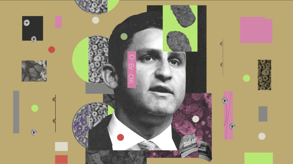 A photo collage in gray and tan with bits of red, pink and chartreuse that all frame a photo of a middle-aged man with dark hair speaking. Around his image are snippets of images that show the molecular formula for Glyphosate, and microscopic cancer cells. In the collage are also bits of cereal and processed chicken nuggets. At the bottom of the image is a MAKE AMERICA HEALTHY AGAIN baseball cap split in two.
