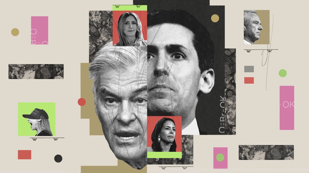 A photo collage in gray and tan with bits of red, pink and chartreuse that all frame a photo of a middle-aged man with dark hair speaking. Around his image are snippets of images that show the molecular formula for Glyphosate, and microscopic cancer cells. In the collage are also bits of cereal and processed chicken nuggets. At the bottom of the image is a MAKE AMERICA HEALTHY AGAIN baseball cap split in two.