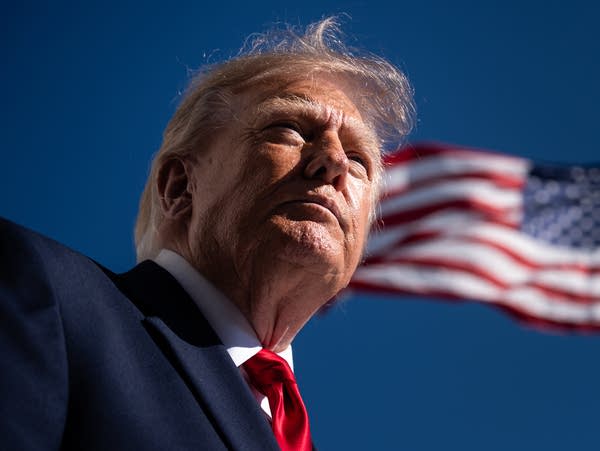 Upward shot of President Trump in front of an American flag.