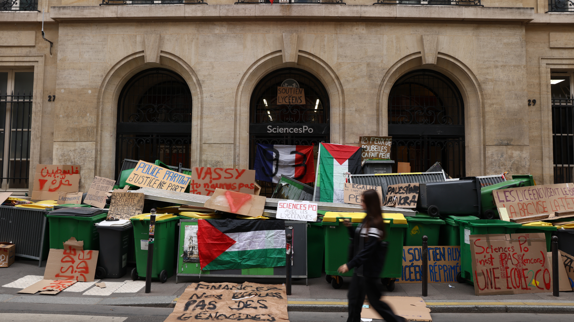 The Sciences Po barricaded with placards and bins as Students demonstrate during a protest over school overcrowding and decay on October 7,
