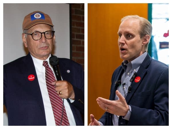 Two photos of politicians talking to a crowd.