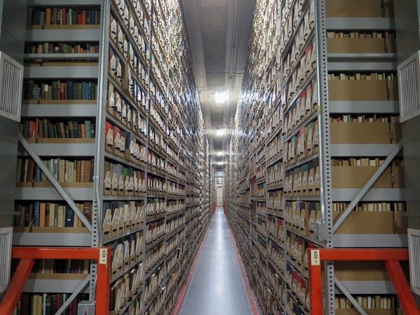 A view of the stacks in the Elmer L. Andersen Library caverns.