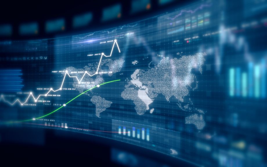 Futuristic global financial data visualization, world map and charts in dark blue