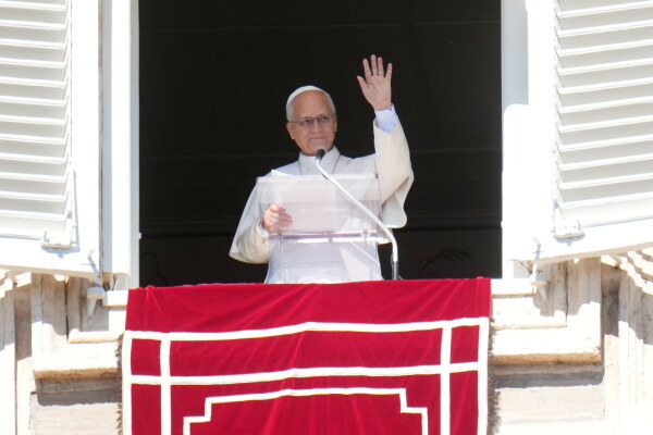 Pope Leo XIV delivers the Angelus prayer in St. Peter's Square at the Vatican, Sunday, Oct. 11, 2026.