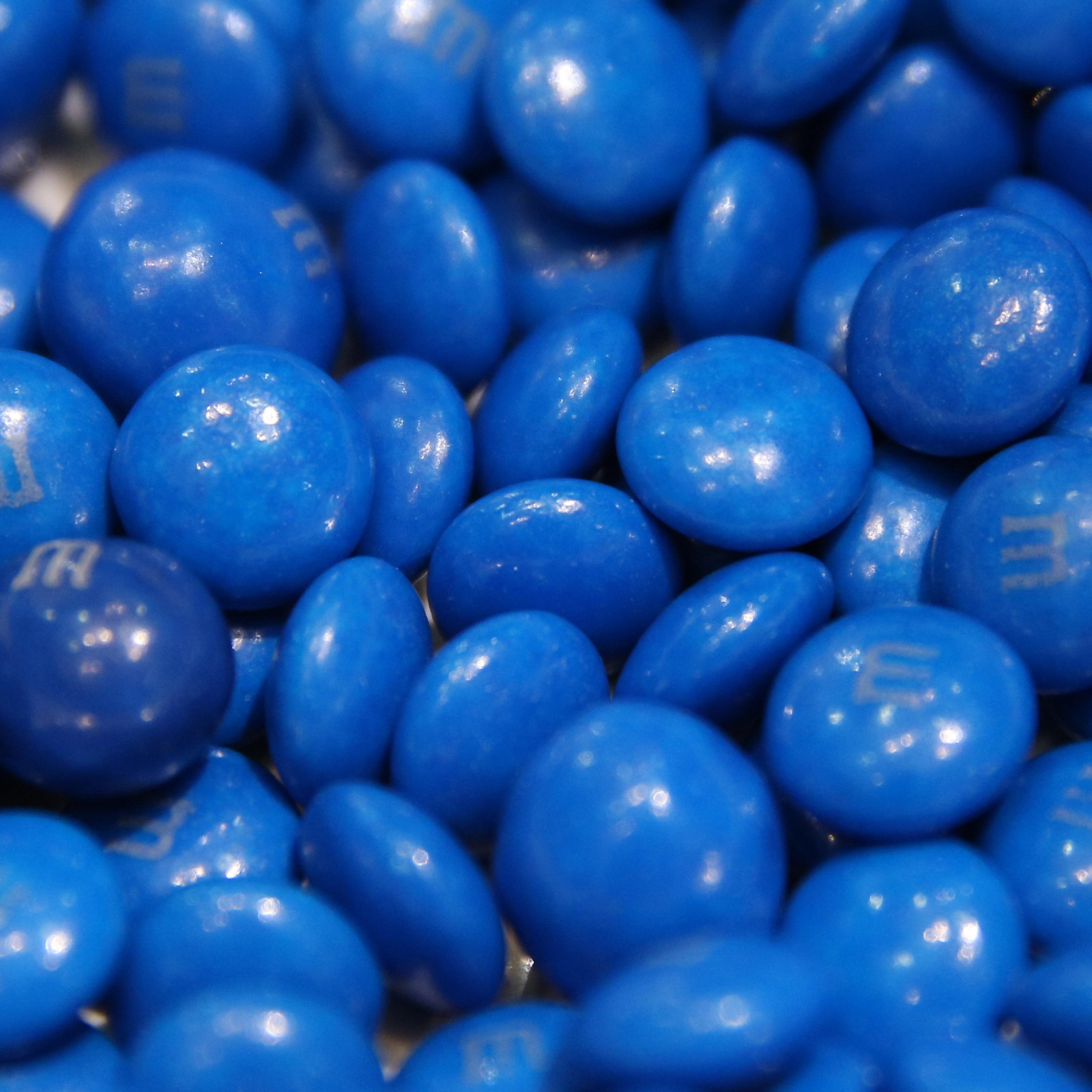 A close-up image shows a bowl of blue M&M candies.