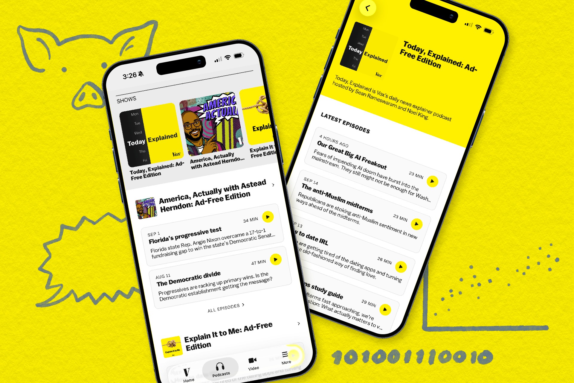 Screenshots of Vox podcasts from the app
