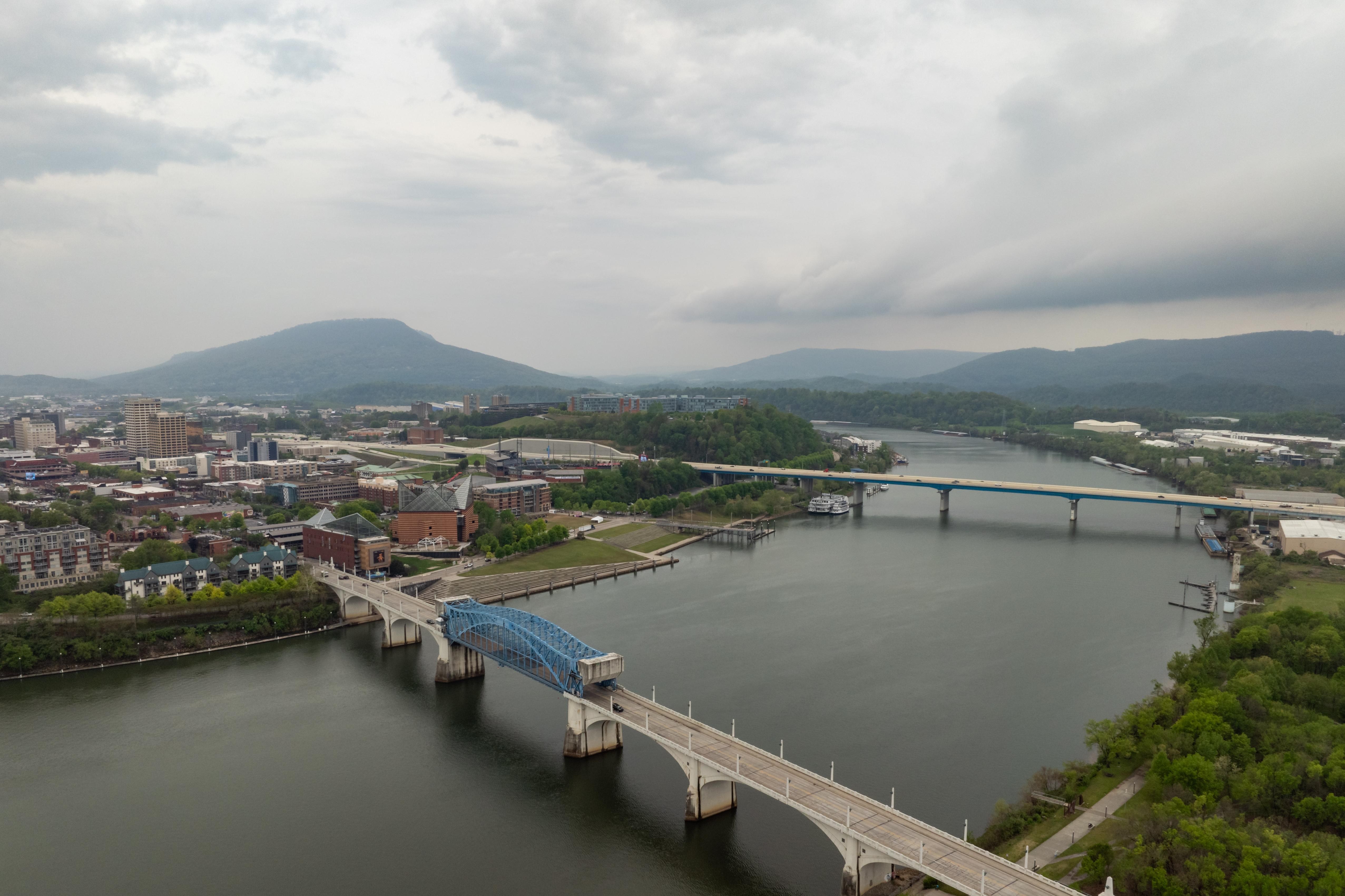 An aerial view of the Tennessee River and city of Chattanooga