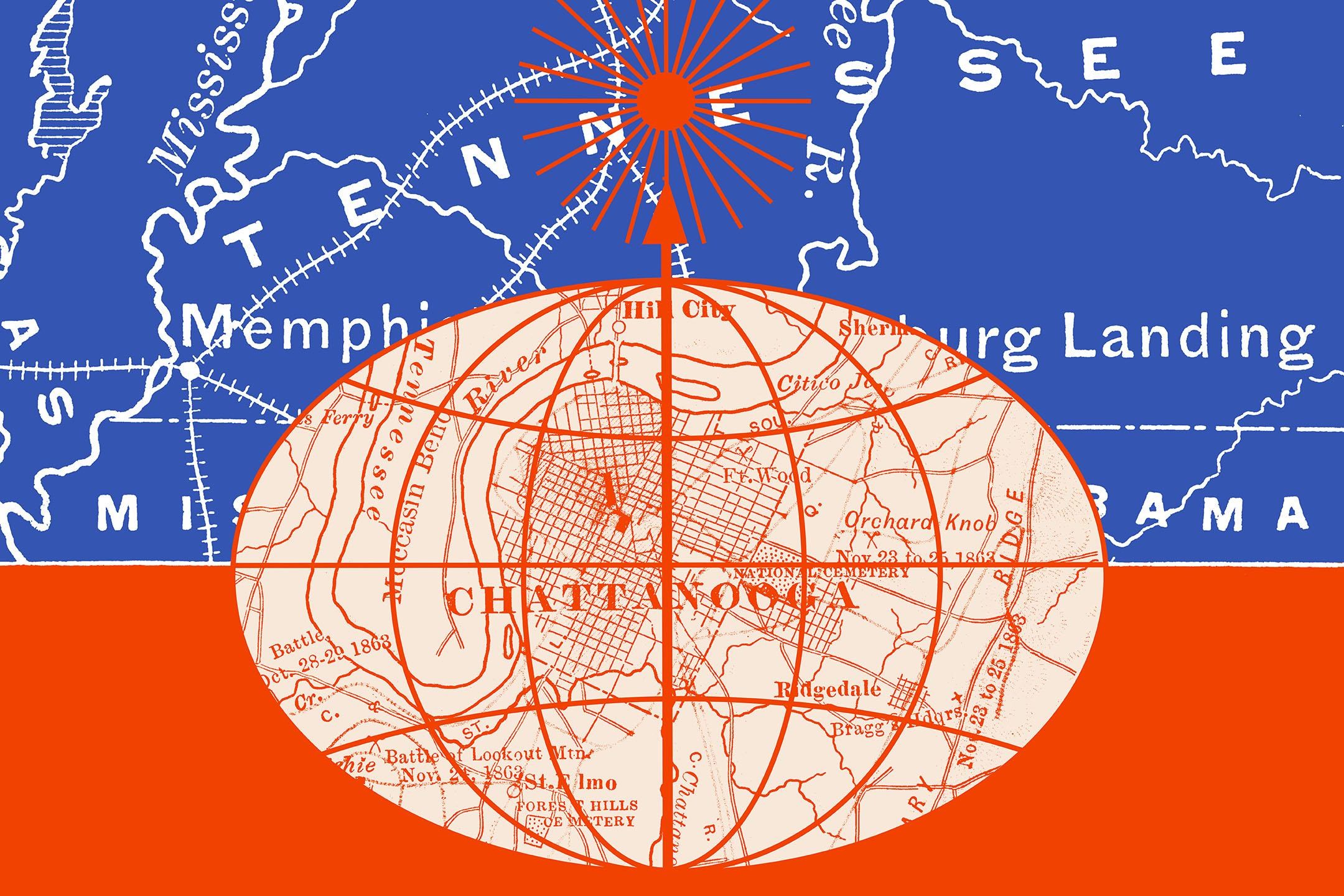 a map of Chattanooga, Tennessee, is contained within a globe shape with a radiating antenna on top of it.