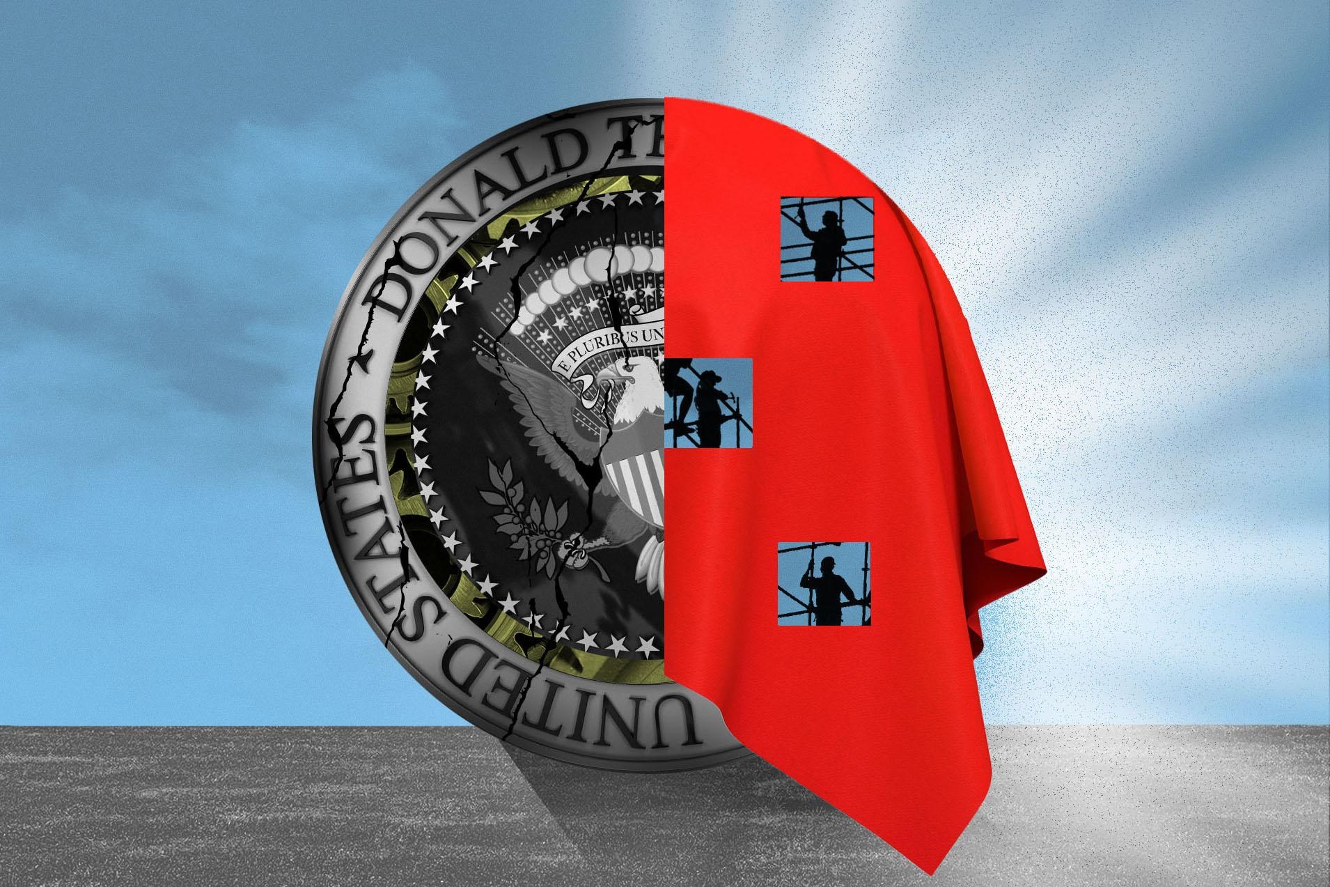 an illustration of a Donald Trump seal with cracks and internal gears being revealed. The right half of the seal is covered by red fabric with holes showing people working on scaffolding behind it.