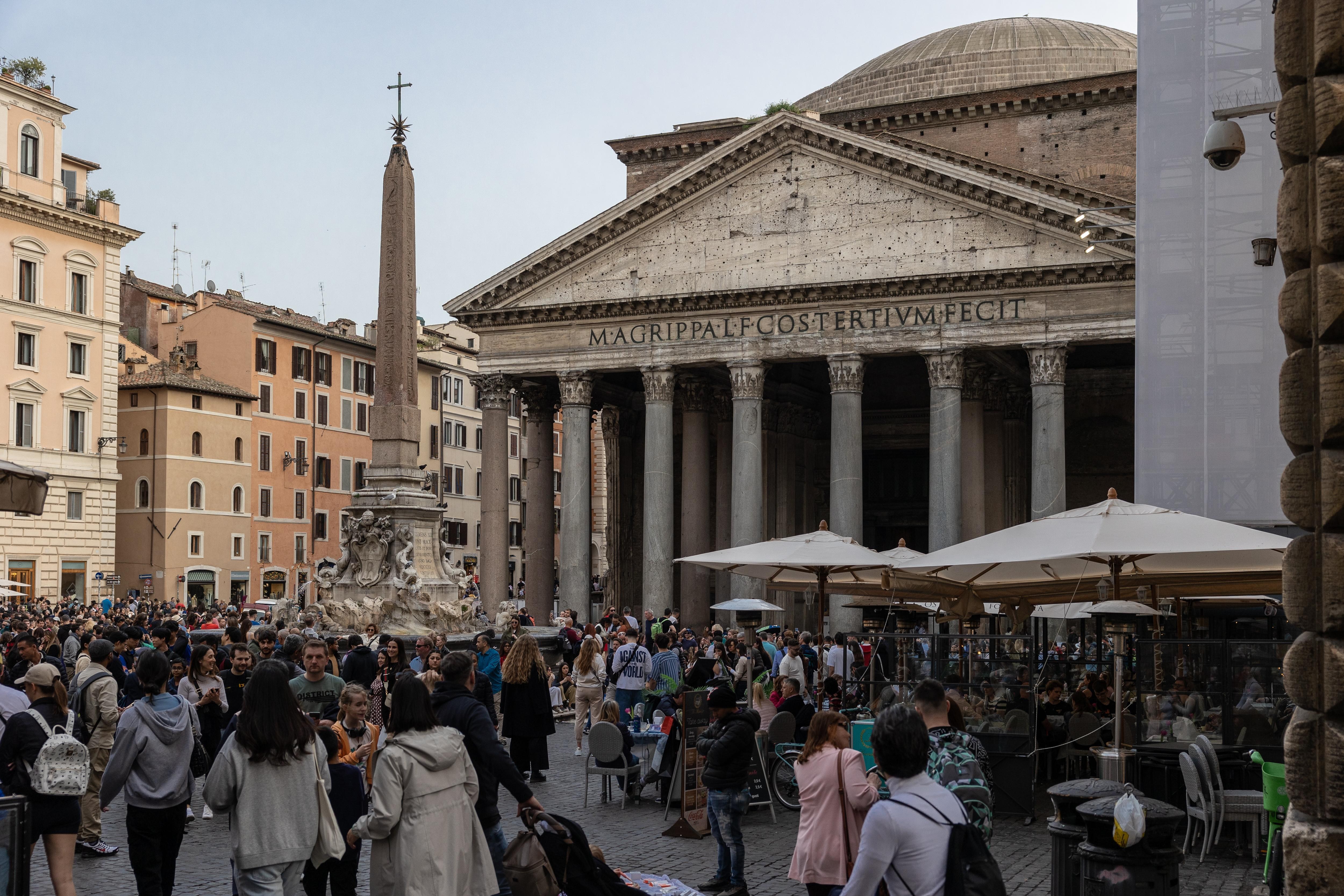 ROME, ITALY - MARCH 30: A general picture shows the main facade of the Pantheon in Piazza della Rotonda on March 30, 2024 in Rome, Italy. Featuring 25.000 archaeological sites and locations, including some of the major and outstanding monuments of antiquity, the historic centre of Rome was declared a World Heritage Site by UNESCO in 1980. (Photo by Emanuele Cremaschi/Getty Images)