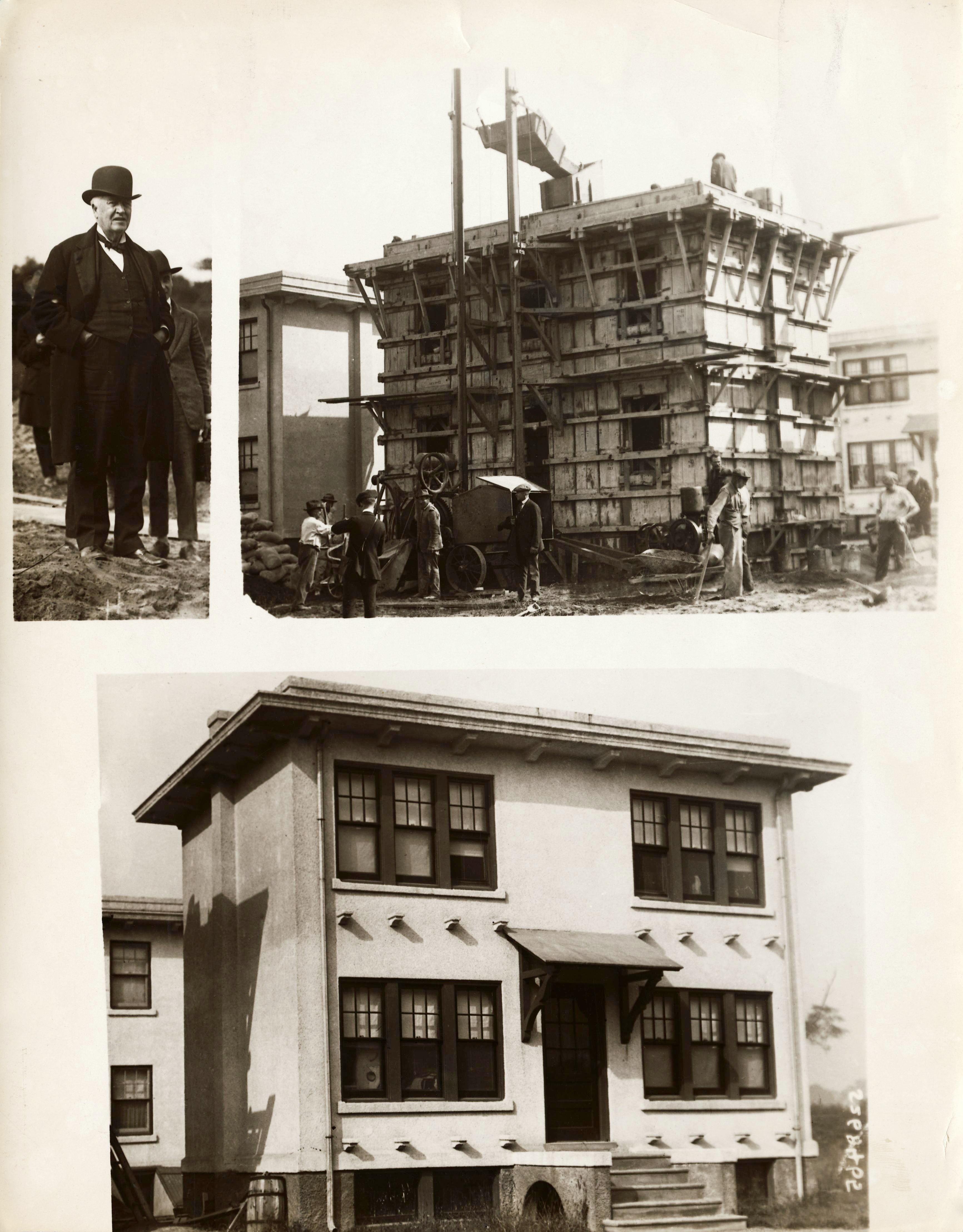 Thomas Alva Edison (top left) and the construction (top right) and finished view of his concrete home. (Photo by George Rinhart/Corbis via Getty Images)