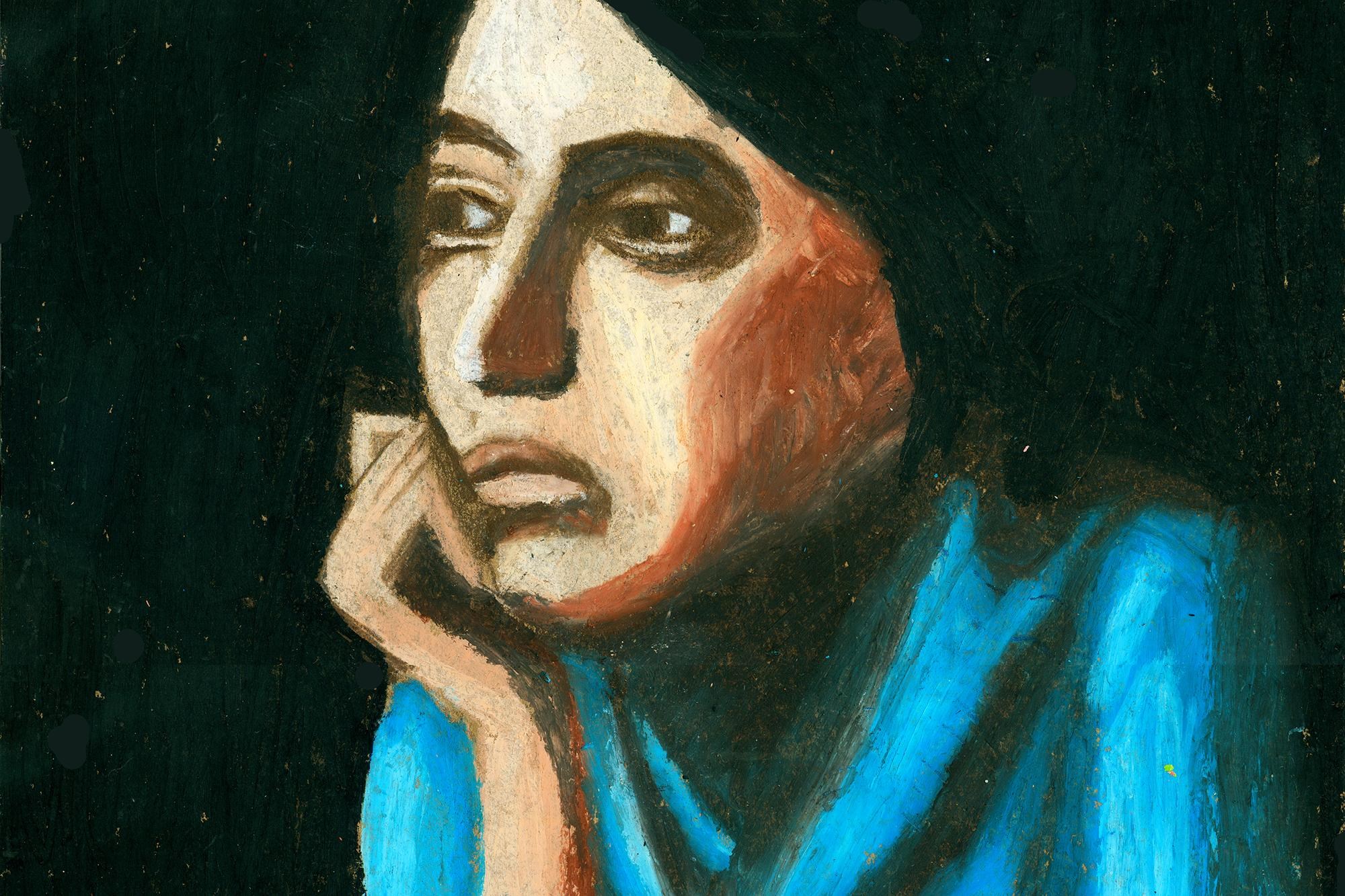 Painting of a woman in a dark room with a solemn look on her face