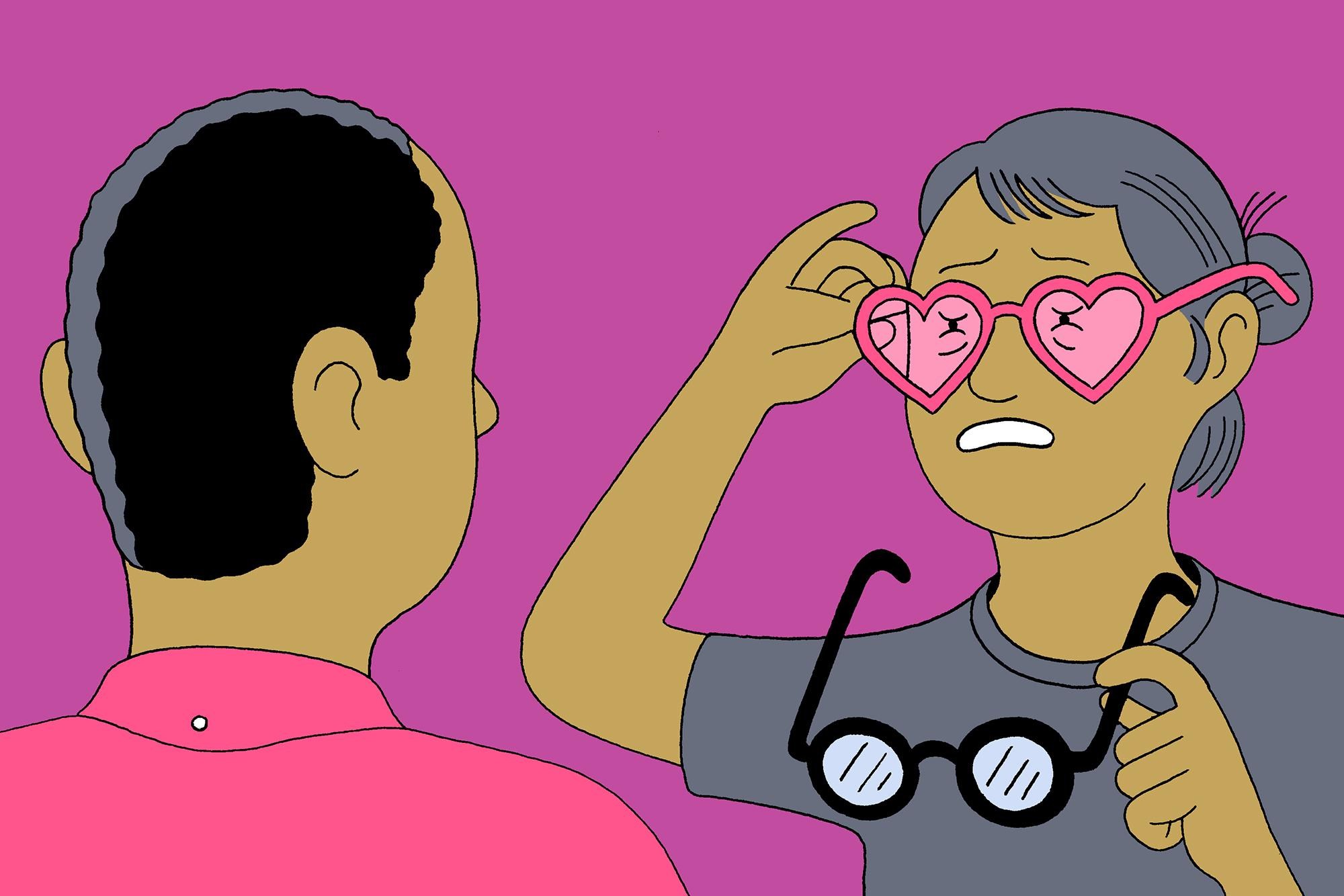a drawing of a person putting on rose-colored heart glasses and squinting with concern at a another person