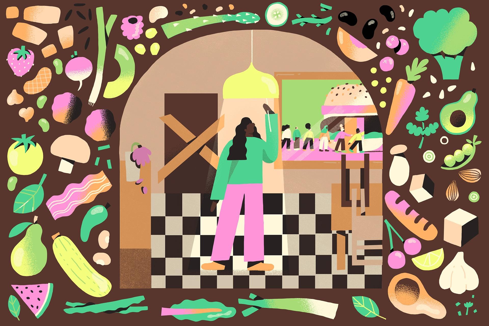 an illustration of a young woman turning off the last light in a restaurant that seems to be closing permanently. A long line of people leading to a burger restaurant is seen just outside a window. Various vegetables and plant-based meat alternatives frame the scene.