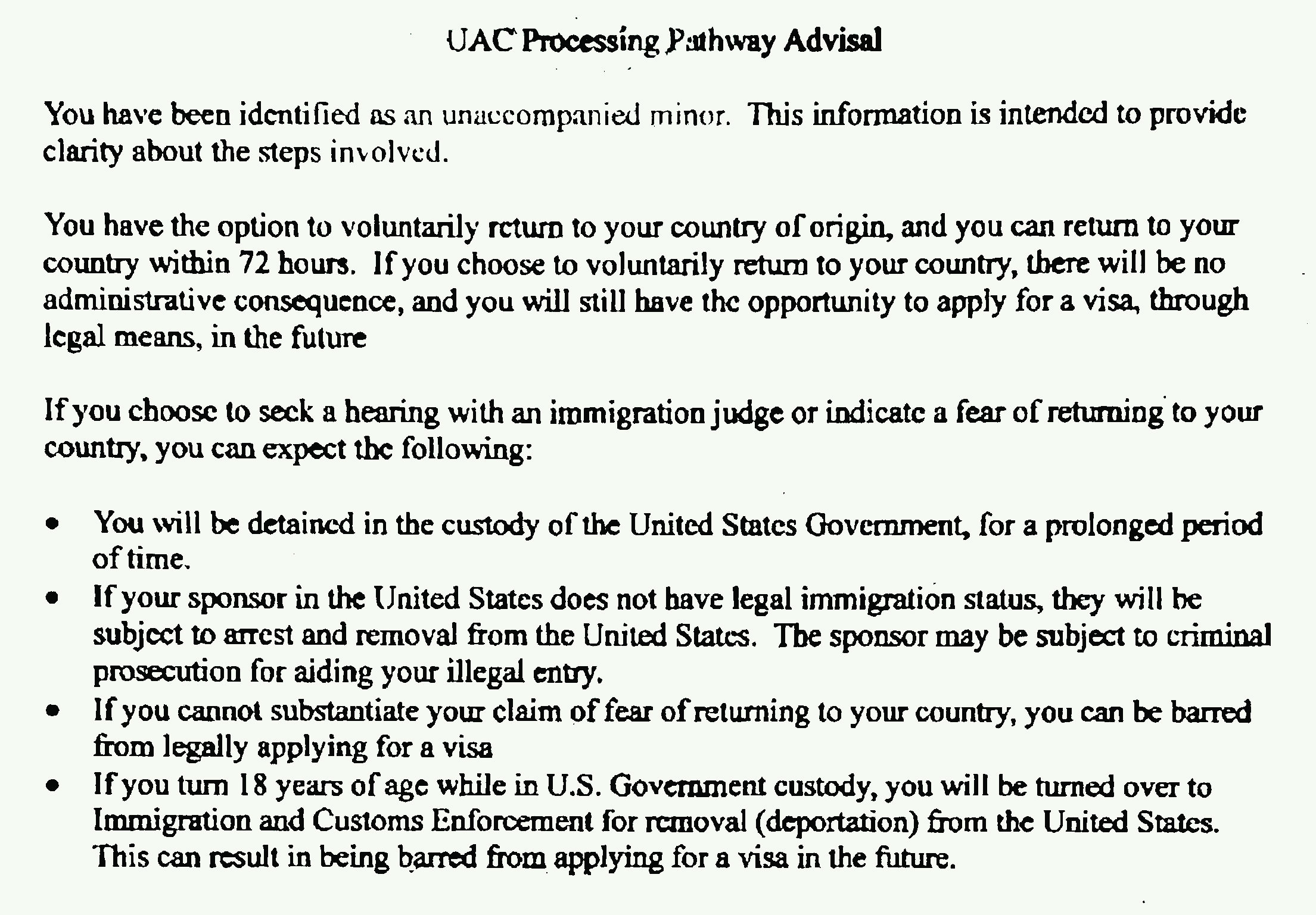 A document explaining the immigration and deportation options available for a UAC (unaccompanied migrant child) in the United States. 