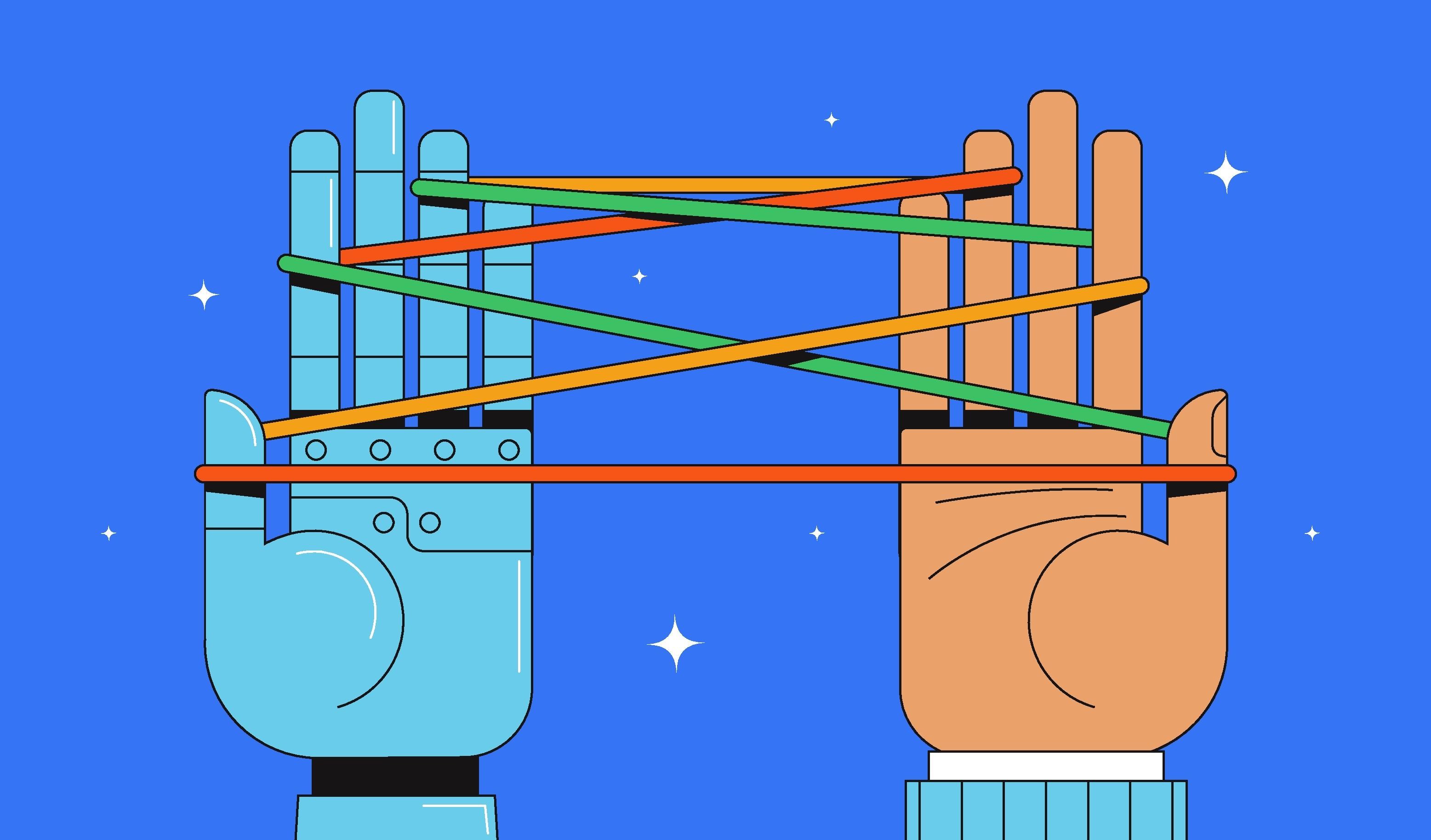 Robotic and human hands playing cat's cradle - stock illustration Robotic and human hands playing cat's cradle.